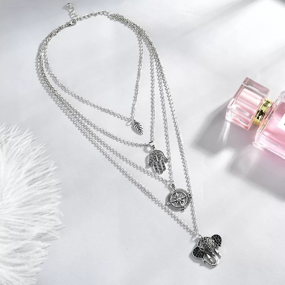 Boho Silver Leaf Hamsa Compass Elephant Necklace - Picture 3 of 15